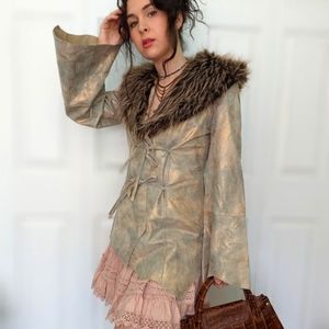 Iridescent Fur trim leather jacket